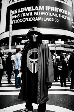 Photograph of MF DOOM standing in Shibuya Crossing