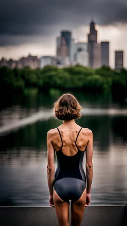 anorexic beautiful woman, age 21, total shot, short anthracite triathlon swimsuit, wavy bob haircut, surfer hair, blurred city background