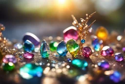 Coloured glass landscape with rainbow set with gemstones, glittering metal stems and gemstone leaves sharp focus elegant extremely detailed intricate very attractive beautiful dynamic lighting fantastic view crisp quality exquisite detail gems and jewels S<AI in sunshine Weight:1 Professional photography, bokeh, natural lighting, canon lens, shot on dslr 64 megapixels sharp focus Weight:0.9