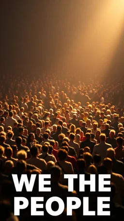 A field of random people in a bright lighting , at the end of the picture a huge text for the words “WE THE PEOPLE “