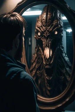 a man looking into a mirror and seeing a horrifying, monstrous reflection