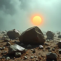 A striking quality close-up photograph captures a wasteland with odd stones, liquids, spooky, creepy, details of the dust very accentuated, glossy, organic, adorned with minerals and rocks, fog. Bathed in intense light, eerie, Yves Tanguy and Max Ernst style, black sun, fog, volumetric light, octane render