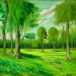 A green savanna with everglade trees painted by Vincent van Gogh