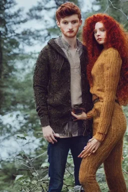 Jeune couple, visage hyper détaillé, réaliste. Forêt fantaisiste détaillée,paysage magnifique, Fille rousse aux cheveux raides et longs, garçon grand, musclé très longs cheveux bruns très bouclés. Fille jean pull, garçon tenue de bûcheron.