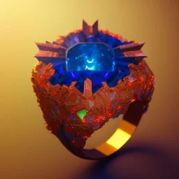 Ring made by wood roots and shreds of glass, orange diamonds sparkles, red rubi fragments around, blue lights reflexes, complex structure, gold details, intricate ring pattern,Unreal Engine 5, macro lens,sharp focus, realistic, hyper detailed, studio lighting, neon light ambient, cinematic