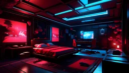 Cyberpunk very huge bedroom, very huge bed, Detailed. Rendered in Unity. Japanese elements. Black and red lighting. Holograms. add a sakura tree into the room. Add a japanese katana in the wall and a gaming pc, samurai armor, red curtain, many guns at wall, bit blue light