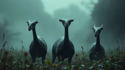 A dark fantasy, scifi theme, from four herd of gentle herbivorous creatures with long necks, one large central eye, Each creature has ONE SINGLE EYE ONLY, one large eye positioned exactly in the center of the face, no second eye, no extra eyes. and two little ears on head and small separate herbivore mouth , no teeth or fangs , rounded bodies dark gray-green skin, standing in a misty landscape with deep colors and many plants,. Curious, slightly uncanny expressions, photorealistic, cinematic