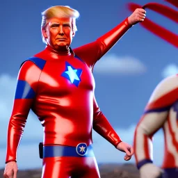 Realistic image of Donald trump super hero, retro style, watchmen style, red white blue colors, white stars, suspenders, latex material, 80s, vibrant color, highly detailed, sky background, concept art, unreal engine 5, god rays, ray tracing, RTX, lumen lighting, ultra detail, volumetric lighting, 3d, finely drawn, high definition, high resolution.