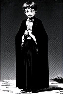 pallid 7 year old boy genie, necromancer, friendly,wearing black robes, with the lower body of a genie instead of legs, in the style of Harry Clarke