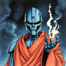 retro anime style, full color, dark serious 1980s anime terminator like robot, moebius artist, magic, watercolor, buddist monk robe