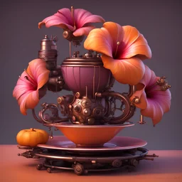 hibiscus is dark pink in color+big orange fruit +brown cinnamon rolls,in a futuristic teacup with hydraulic cylinders,3d,steampunk.