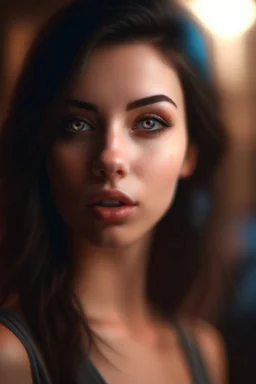 a cute brunette that stares at us like we are the prettiest she has ever seen, its such a perfect day, motion blur, smoke, 8k, downlight, soft light, depth of field, photorealism, trending on art station, lotsa detail