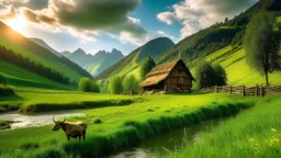 mountains, sun, clouds, green fields, cabin, river, a little cow,