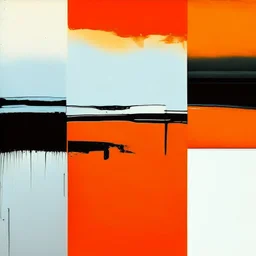 Melancholy Minimal abstract flat landscape painting. Rough brushstrokes and dripping paint. A single orange colour highlight with complimentary background colours. Use rule of thirds. Place the Horizon line at the top. Style of Justin Mortimer.Abstract empty landscape painting. Dripping paint. Rough. Minimal. Style of Justin Mortimer.