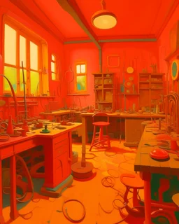 A pinkish orange colored workshop with machines painted by Paul Ranson