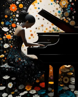 "Midnight Serenade unique" low view angle shot down wild flowers field , large close up a beautiful young woman with a black dress , wearing a cool black like a rocker style and playing the piano , granite terrazzo motifs with puzzle modern clothing is decorated with colorful filigree abstract, Collage chutes papiers magazines,Spirograph background by Nisa Kiley, Textile Artist