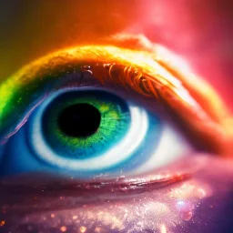 close macro photo shot of an eye of an elf girl, magic is seen deep inside, mirroring, hyperrealistic, colorful, cinematic lighting