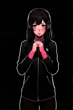anime girl standing. Black background. casual wear. strong facial features. the girl is completely placed in the photo. body is visible. Sweet face, hand at the chin, Looking down. Athletic black clothes, sweet face, even face. No press. The fingers are clenched into a fist at the chin. Thoughtful pose, straight fingers clenched into a fist at the chin
