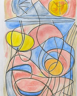 Abstract paul klee painting on pastel paper with sketchy pencil outlines