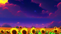 purple sky full of stars, sunflower field, anime, high res, makoto shinkai