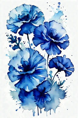 Stylized blue carnations loose translucent watercolor.