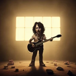 Origami, 3d render, Alice Cooper toddler, full body, guitar, dramatic lighting, volumetric lighting, music studio, background, hyper realistic, unreal engine 5, 8k, UHD,