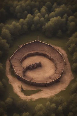 medieval fighting tournment arena into the woods from above