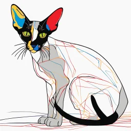 Create an abstract, minimalist Oriental shorthair Siamese cat using continuous line art. The Oriental shorthair Siamese cat is stylized and simplified to the most basic forms, with exaggerated features. adorned with splashes of primary colors. The background should be clean and mostly white, with subtle geometric shapes and thin, straight lines that intersect with dotted nodes and overlap the figures. The overall aesthetic should be modern and artistic.