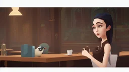 young woman talk to a penguin in coffee-shop