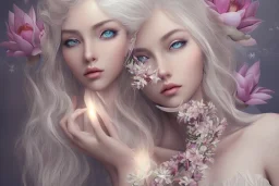 femme long cheveux blond blancs grands yeux bleus , 8k resolution, flower magnolia lotus rose, beautiful portrait, 8k resolution, flower head and body, beautiful star souriante+++