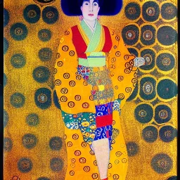 Retrato de cuerpo entero una Gheisha vestida con kimono muy guapa y voluptuosa con el estilo de Gustav Klimt