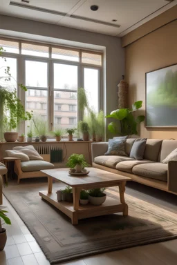 The exterior of a living room with full window and many plants and painting on the wall and a tv on the wall and a light color sofa in front of it and some chair and with warm color pallet In the style of rustic furniture from different angles of the room