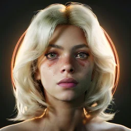 Shakira, artist, 30 years old, Realistic image, waist up portrait, Michael Goundry style. blonde, loose long hair, eyes make up, perfect, glow, circle iris. concept art, smooth, unreal engine 5, god lights, ray tracing, RTX, lumen lighting, ultra detail, volumetric lighting, 3d, finely drawn, high definition, 4k.