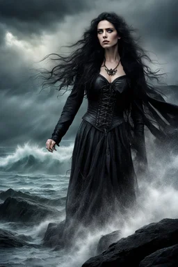 A somber woman, dressed in gothic attire, in deep, dark colors standing alone on a massive, jagged rock jutting out into the ocean. stormy sky , her long black hair whips around her face, streaked with raindrops as they tumble from the heavens. Despite the cold and dampness of the air, she remains stoically still, as if the rock were her only anchor in this tempestuous world. dramatic, epic mood,, intricate detail, creepy stunning