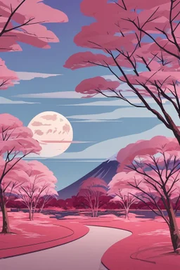 a land scape of Japanese garden, big moon, red sky in the night , surrounded by cherry blossom trees, cel shading