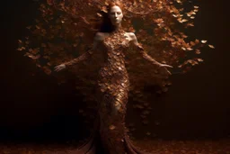 full body shot of a young woman covered in tiny copper filigree leaves, emerging from a summer tree, detailed matte painting, deep colour, fantastical, intricate detail