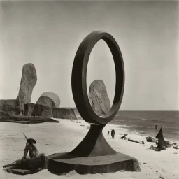 Odd sculpture, beach, Max Ernst