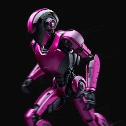 A hyper-realistic 3D Dynamic motion, intense jet black, pure black, deep shadows. A dazzling magenta droid mechanic, sleek metallic body, precise joints. Digital painting, futuristic robot, blurred lines, action poses