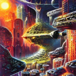 A shattered space city by Bob Eggleton and by M. C. Escher and by Paul Lehr.