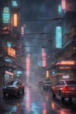 Higtech futuristic city street on a rainy, drizzling evening. The wet pavement reflects the cold light of futuristic neon signs and street lamps and creates a special atmosphere. some cars are parked on the street and some pedestrians are hurrying with futuristic floating umbrellas or transparent protective bubble in the rain on the street.