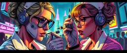 cyberpunk mega city fallout 4, airbrush and pen outline, A cinematic, high-end advertisement image for a fictional service called “Posh on Stage Symposium with Spice Girl Nurse Glam Fashion Party™”. Split-screen composition with two contrasting emotional states. Mad scientist getting injected.