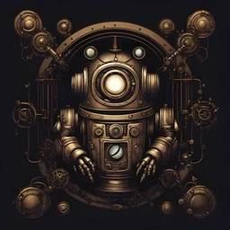 Derpy robot logo, steampunk, dark background, space for text