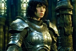 Motoko Kusanagi from Ghost In The Shell (1995), clad in medieval stell plate armour, melancholic