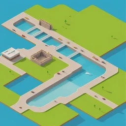 isometric architecture illustration flat design of a dam in the mountains