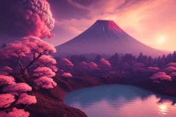 Japanese Fuji Mountain,eruption lava flows into the lake , concept art, smooth, extremely sharp detail, finely tuned detail, ultra high definition, 8 k, unreal engine 5, ultra sharp focus, illustration, magic ambient, bonsai cherry blossom trees .