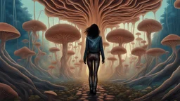 woman with black hair, in brown leather trousers and jacket, walking through Alien mushrooms with jellyfish tentacles in an alien forest, photorealistic, Deep Colour, Intricate Detail, sunshine, blue sky