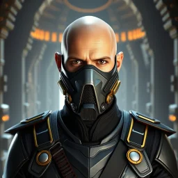 bald male corellian jedi wearing gunmetal grey and black old republic armored flightsuit and breath mask with gold and metallic red trim inside the jedi temple, centered head and shoulders portrait, hyperdetailed, dynamic lighting, hyperdetailed background, 8k resolution, volumetric lighting, light skin, fully symmetric details