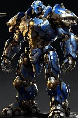 Ironclad stands at an imposing 8 feet tall and is heavily armored with a combination of sleek metallic plating and blue energy accents. Its body is adorned with a polished, reflective surface, giving it a distinct and imposing presence on the battlefield. His waist is snatched. His design is like Nullsector from Overwatch