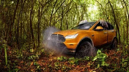 A Tesla's 'Model S Plaid' is doing donuts, in a jungle of the Jurassic Period. CINEMATIC. WIDE ANGLE LENS. PHOTO REAL.