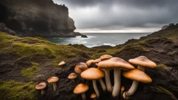 Ground-level shot of exotic giant mushrooms with tentacles on a rocky shoreline, cloud trees, and cliffs